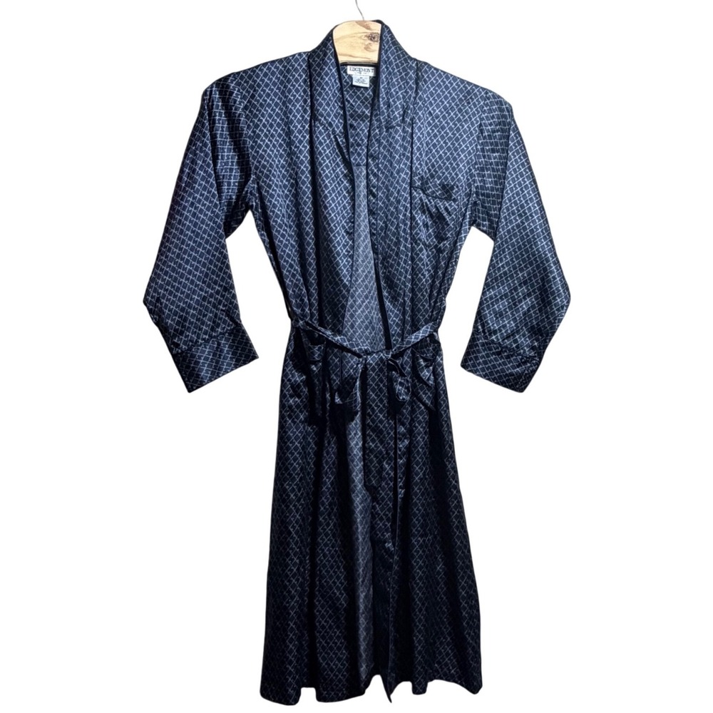 Edgemont 100% Silk Robe Navy Blue Geometric Diamond Pattern OS Loungewear Belted